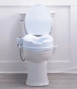 Raised toilet seat with lever