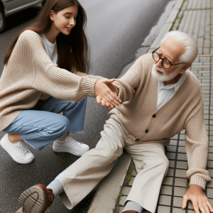 a girl helping a senior stand up from a fall